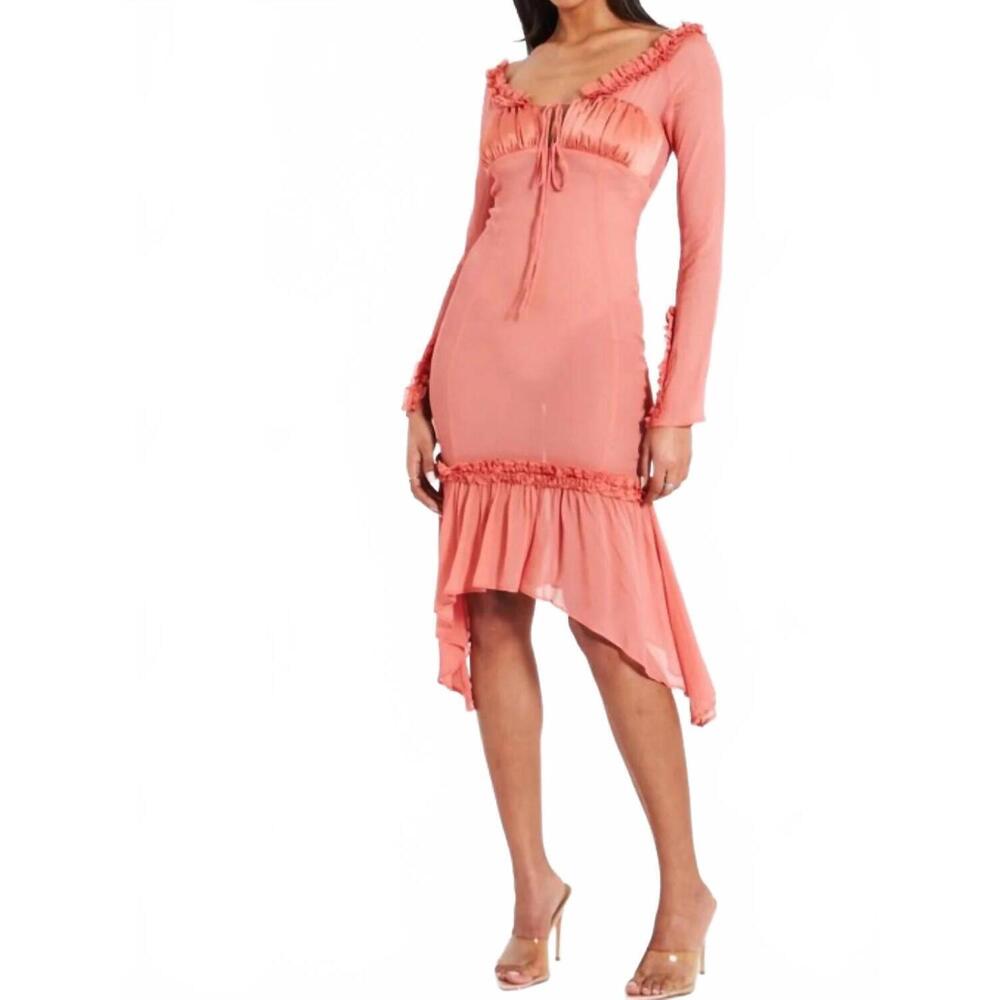 NEW MISS CIRCLE tiered ruffle sleeve sheer and satin midi dress in blush pink